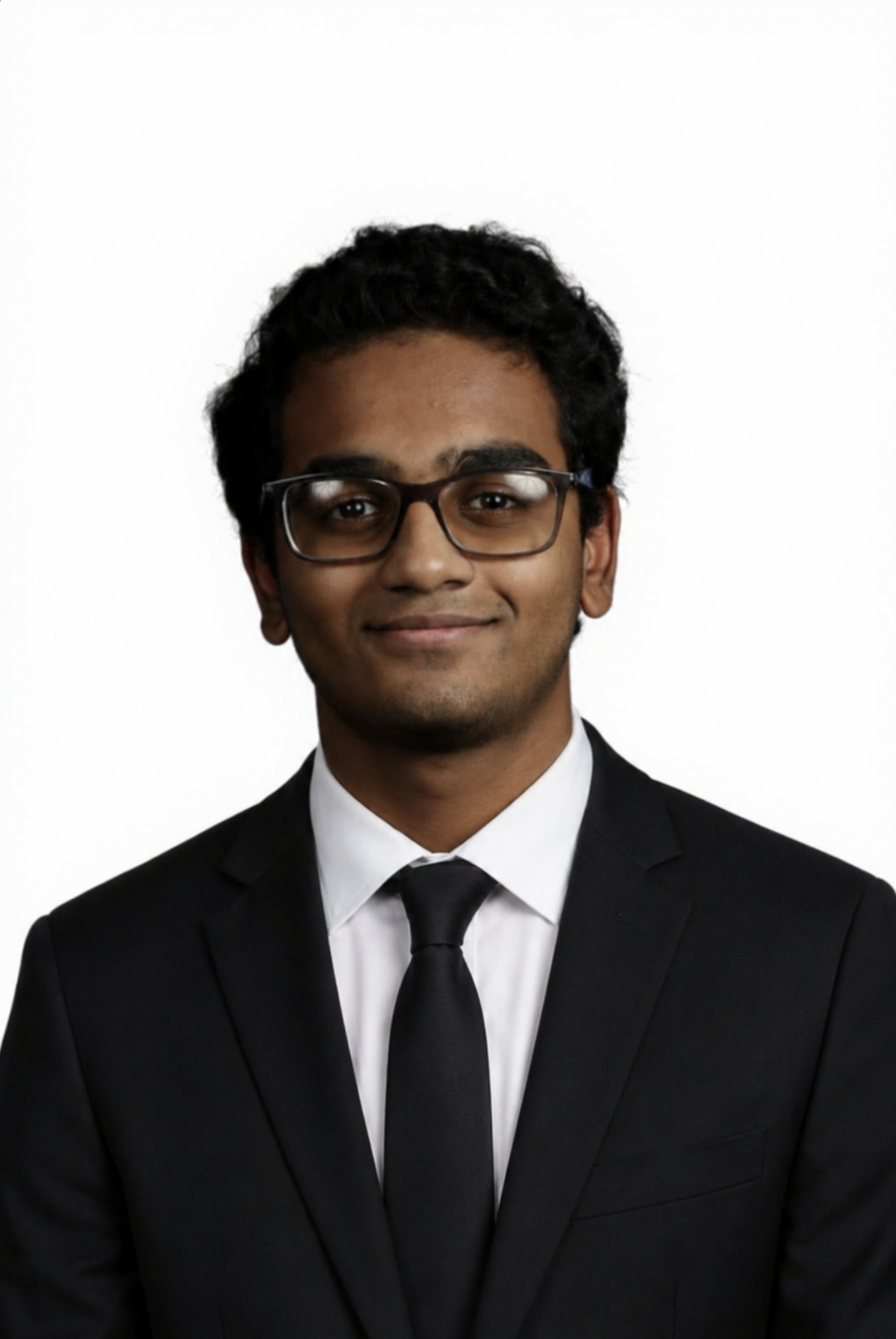 Anish Surikanti in a black suit against a white background